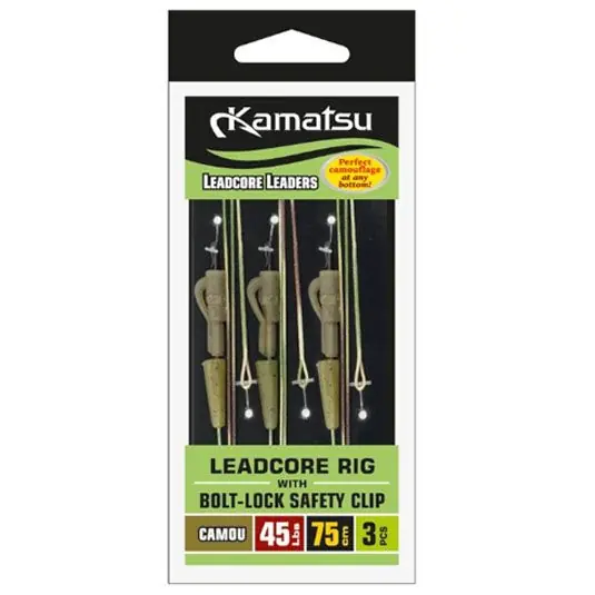 Kit monturi leadcore Kamatsu Leadcore Rig Bolt-Lock Safety Clip Camou 35lb, 75cm Doar azi