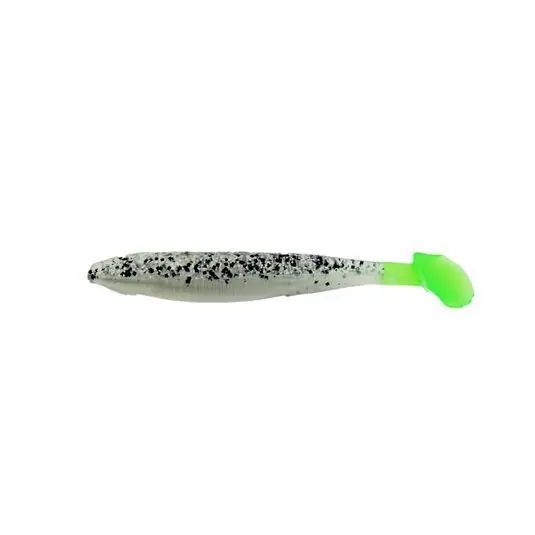 Noutate Shad Bass Assassin Die Dapper 9cm, culoare Salt and Pepper Silver Phantom/Chartreuse Tail